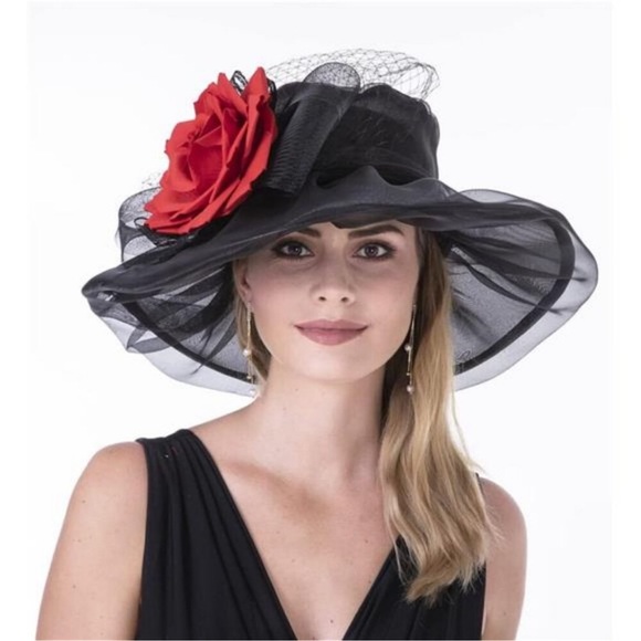 Kentucky Derby Church Dress Hat for Women Formal Bridal Party Prom Black and Red - Picture 2 of 6